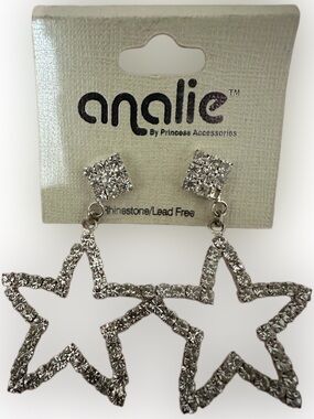 Analie Silver Star Hoop Drop Earrings with Rhinestones
